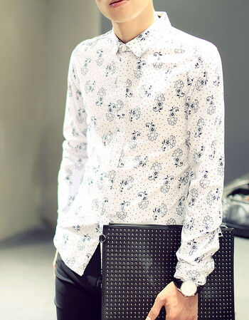 vanzols花衬衫青年男士长袖 英伦风男装花衬衣商务 韩版修身正品秋款