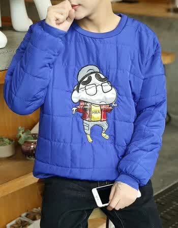 原宿风羽绒加厚情侣短款棉衣男女装套头卫衣面包服 蜡笔小新夹棉蓝色