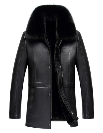 海宁皮毛一体男皮衣中长款皮大衣狐狸毛领男装皮草保暖加厚皮外套