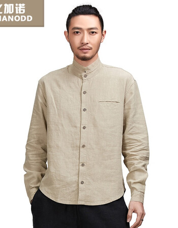 比加诺楠唐装中国风男装亚麻修身长袖衬衫男中式立领休闲中年衬衣