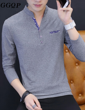 ggqp长袖t恤男男士秋衣服上衣v领修身打底衫体恤潮秋衣 白色 m