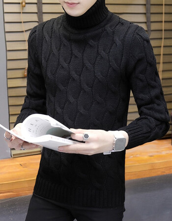 奥圣特纯色编织高领毛衣男修身型百搭青少年围领针织衫男翻领麻花毛线
