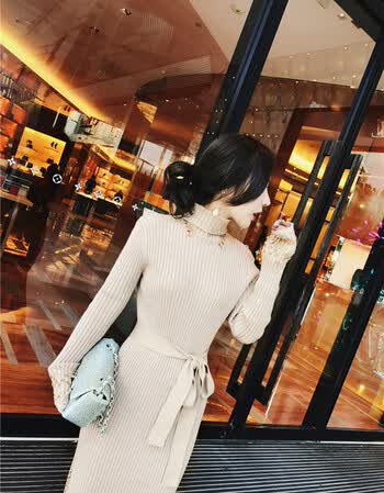 套装皮毛一体重工钉珠仿皮草马甲钉珠中长款针织连衣裙两件套 藕杏色