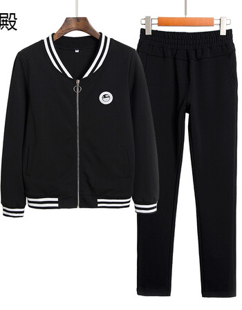 新款休闲运动服女时尚两件套装长袖上衣外套气质学生服卫衣女 黑色 m