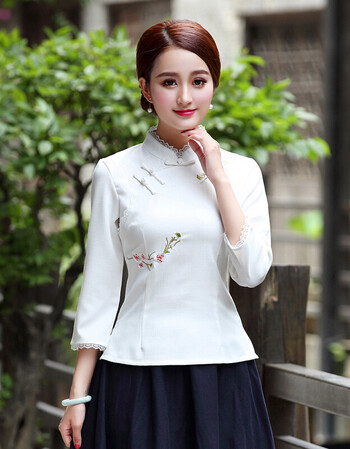 民国风女装唐装女秋装茶艺师服装女复古中国风改良茶服旗袍上衣 白色