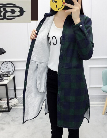 款加绒加厚格子衬衫女秋冬保暖长袖衬衣韩版外套上衣sn5449 墨绿大格