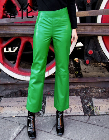 冬新款真皮皮裤女中腰不对称微喇裤韩版气质皮裤时尚绵羊皮裤 绿色 s