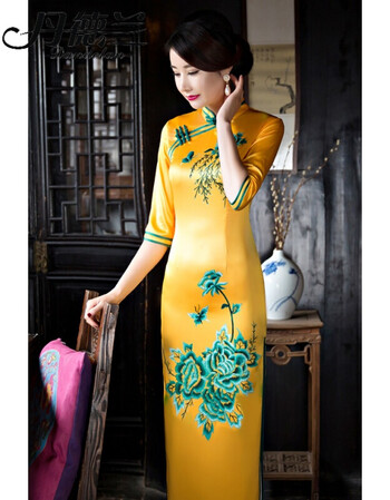 丹德兰香港潮牌中国风大码丝绸长款旗袍 1699黄 xl