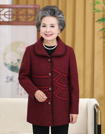 中老年人女装秋装毛呢外套妈妈翻领呢子大衣中长款奶奶装冬装上衣 酒