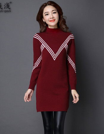 喜浅浅秋冬季长袖针织连衣裙中长款半高领显瘦加厚毛衣大码打底裙女