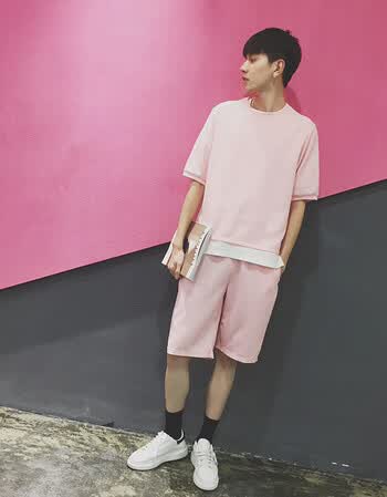 夏装t恤港风休闲运动套装男生夏季潮流韩版五分短袖短裤帅气衣服 粉红