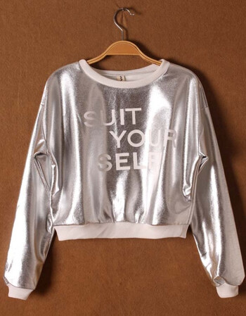 亮片银上衣长袖t恤女学生爵士舞服装演出服套装啦啦队舞台装 闪光银色