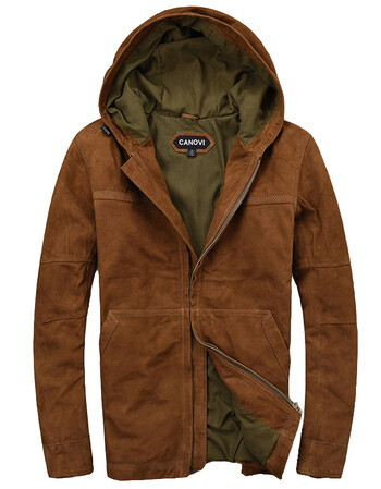 精品英伦男装外套磨砂绵羊皮连帽皮夹克复古真皮皮衣 磨砂红棕色 s