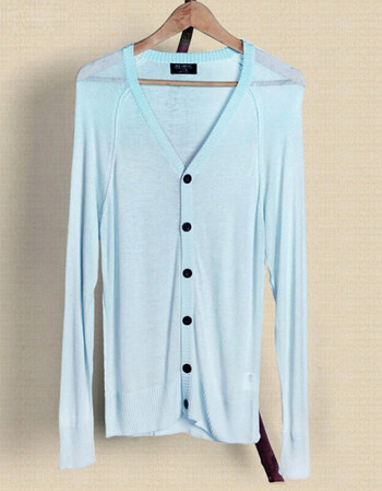 2017秋装插肩袖 薄款针织衫v领男款针织开衫薄线衣男装空调衫 粉蓝 l