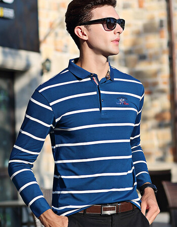 色织条纹加厚长袖t加大码保罗衫拉架棉t恤男装翻领长袖polo衫 85蓝色