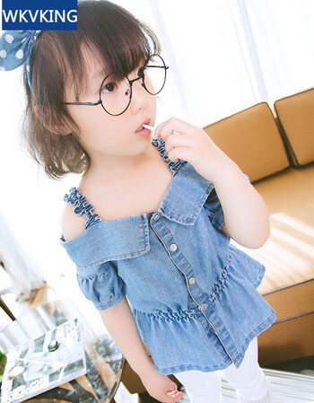 2018新款儿童牛仔上衣轻薄童装中大童夏装纯棉打底衫 浅蓝色 100码