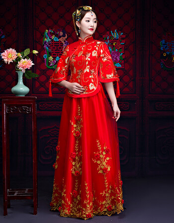 新娘秀禾服唐装2018冬结婚礼服敬酒服红色中式嫁衣龙凤褂孕妇 亮片