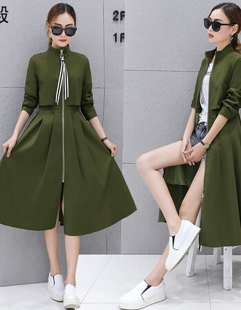 2017秋装新款韩版中长款连衣裙风衣两穿女长袖宽松百搭气质女装潮 军