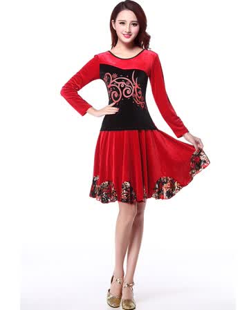 冬季广场舞服装新款套装金丝绒加绒加厚长袖上衣舞蹈服女跳舞 大红