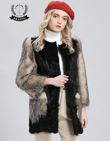 bradio 圆领负鼠毛袖女款中长皮草外套 黑色 42(170/92a)