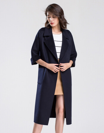 高端双面羊绒大衣女中长款韩版宽松羊毛呢子外套2017新款 藏蓝色 m