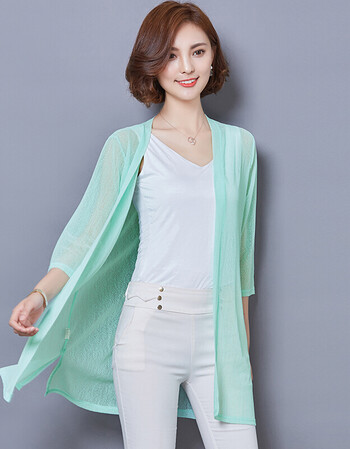 2018夏季雪纺开衫女中长款晒衣外搭披肩夏天晒薄衫纱衣外套女披衫 浅
