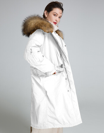 秋冬新款女装羽绒服欧美中长款宽松带毛领连帽长袖羽绒服 白色 m