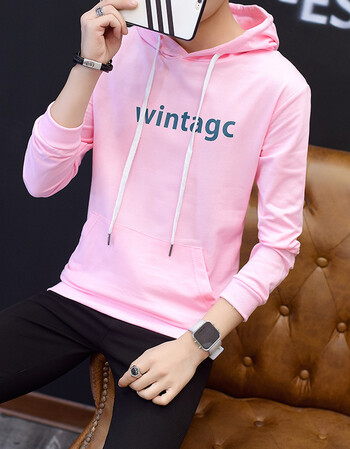 男士t恤长袖春季上衣帅气韩版学生带帽体恤连帽卫衣男生潮流外套 粉色