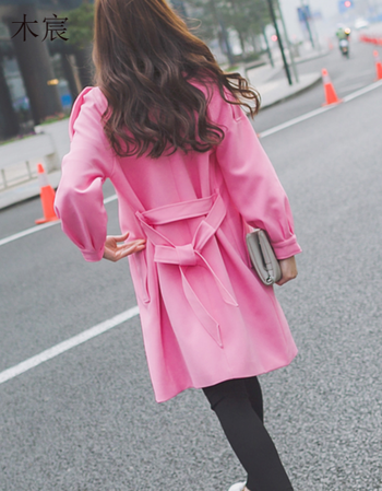 2017秋冬灯笼袖气质樱花粉色学生风衣 樱花粉 xs