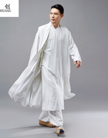 麻凡春季新款男士仙气洗水亚中国风男长衫罩衫休闲长马甲 白色 l