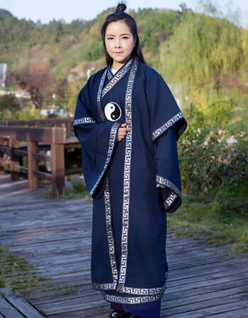 长袍道教长褂太极服道服道袍两件套男道衣女道士服装法衣披挂 深蓝色