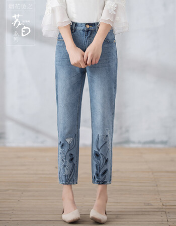烟花烫苏白2018春夏装新款女裤简约刺绣水洗磨白直筒牛仔裤女 念往