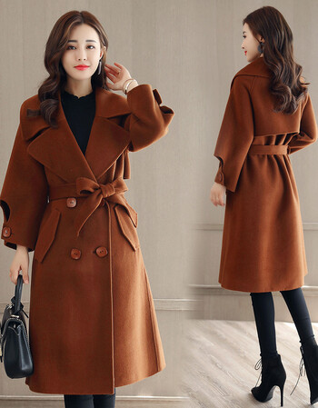 雅兰貂2018新款毛呢大衣韩版系腰带翻领宽松羊绒外套 焦糖色 xl