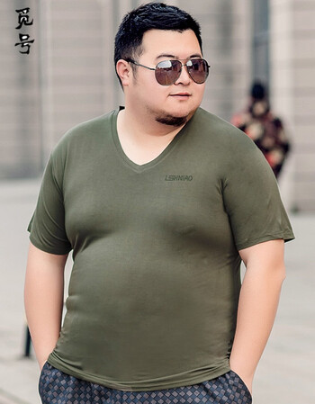 觅号大码短袖t恤男加肥加大半袖v领胖子体恤衫夏季纯色上衣肥佬打底衫