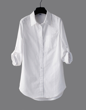 夏尔维纳文艺百搭纯白中长款棉麻长袖燕尾白色衬衣女士简约白衬衫