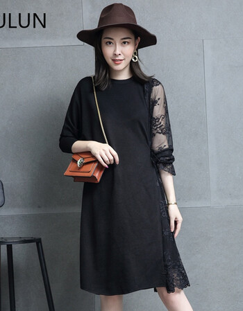 站秋装女2017新款蕾丝拼接连衣裙气质刺绣系带收腰显瘦中长裙 黑色 l