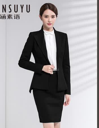 新款时尚ol面试正装商务西服套裙工作服 黑色(西装 裙子) 白色衬衫 m