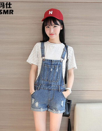 牛仔背带短裤女新款学院风宽松显瘦卷边破洞吊带裤潮学生 295 s