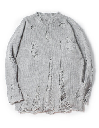 rocky家秋冬新款韩版男装毛衣纯色破洞文艺青年针织衫宽松上衣潮 灰色