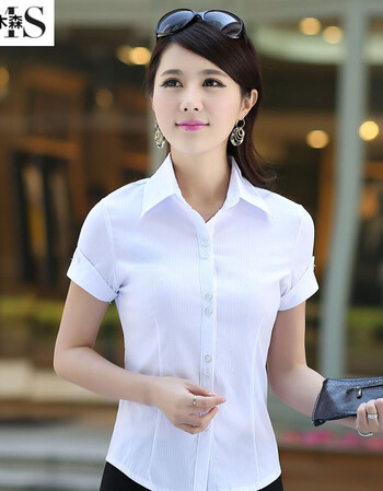 
                                        职业女装短袖春夏装OL工作服女士衬衣职业通勤三色 白条纹衬衣+裙 M                