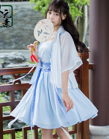 日常汉元素古装服装女装上衣短裙学生古风改良中国风汉服套装 玉兰三