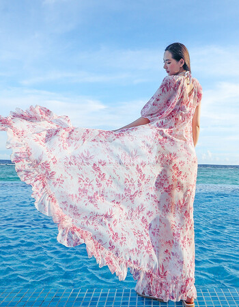 印花海边度假沙滩裙夏短袖波西米亚长裙大摆连衣裙防晒开衫女旅游时尚