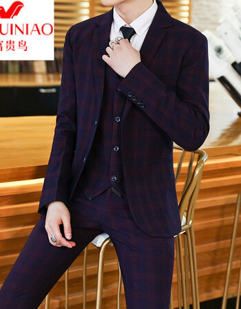 富贵鸟无头春装 21西服套装男士西服三件套格子结婚-p225 裤子尺码请