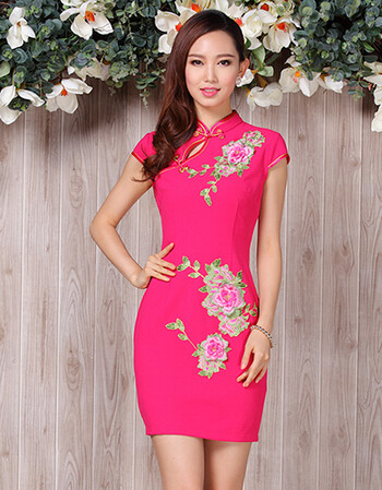 改良时尚春装修身显瘦短款短袖改良旗袍连衣裙 杜若(玫红色) xl