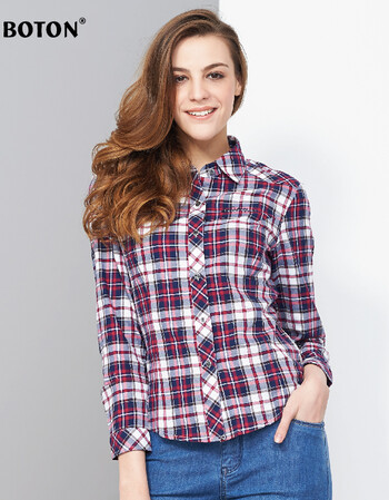 boton波顿女装 女式格纹长袖衬衫ls529 红蓝格 m