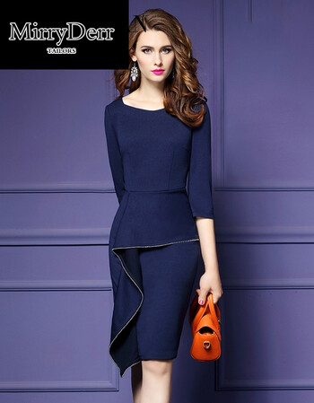 mirryderr连衣裙女装春季新2018中袖荷叶边钉珠修身显瘦包臀裙 深蓝色