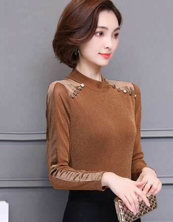 秋冬新款韩版长袖t恤女修身半高领金丝加绒加厚网纱打底衫女上衣