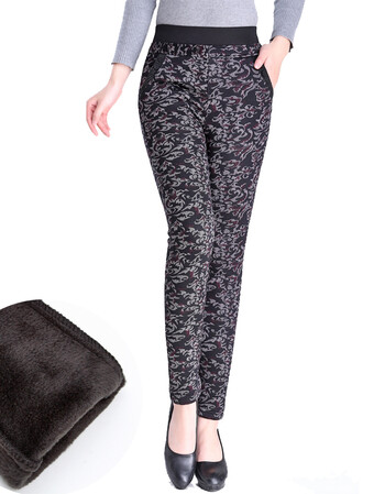 妈妈花裤子加绒加厚秋冬中老年女裤高腰棉裤中年外穿格子打底裤女