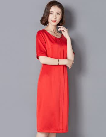 2018夏新款桑蚕丝重磅真丝连衣裙中长款淑女气质修身显瘦 大红 4xl