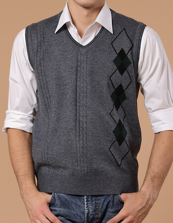 春秋款男士毛线背心 中年提花菱形羊毛羊绒针织男式休闲背心 深灰 125